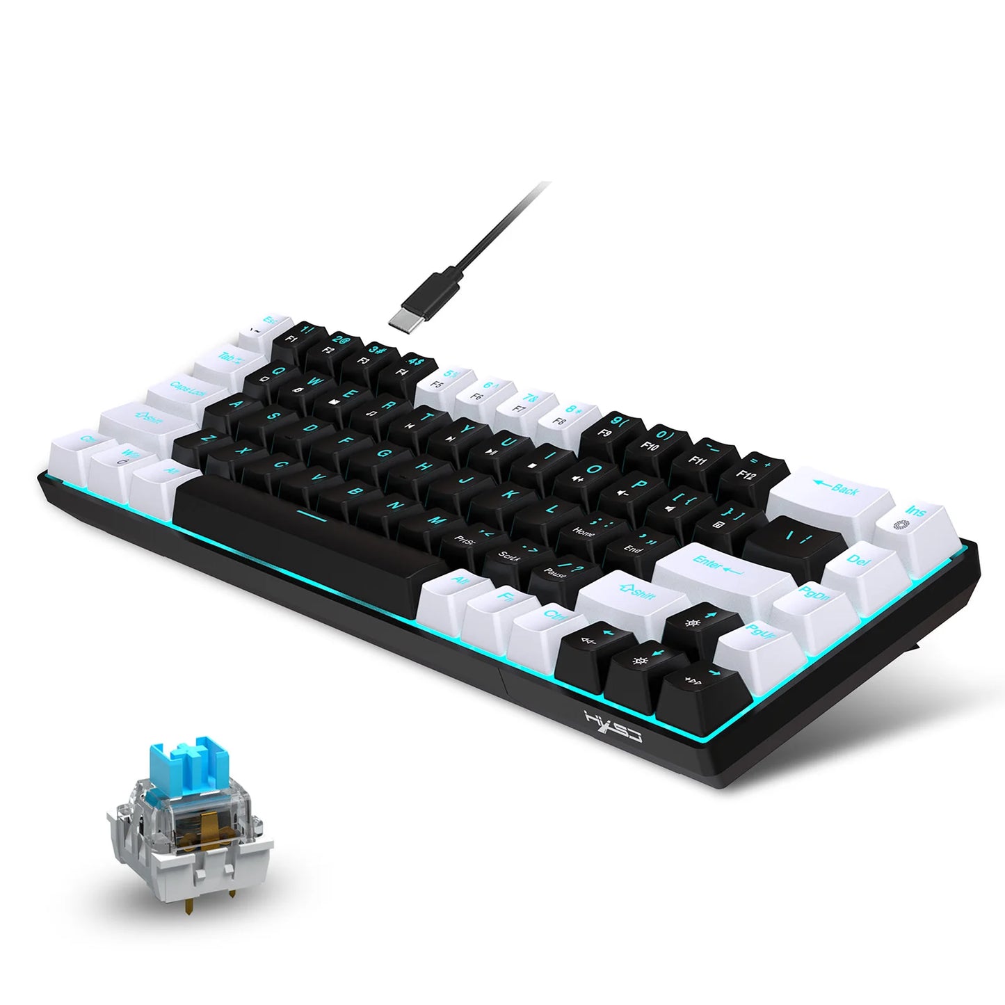 HXSJ V800 – 68‑Key Mechanical Keyboard with Ice‑Blue Backlight | Hot‑Swappable Blue Switch