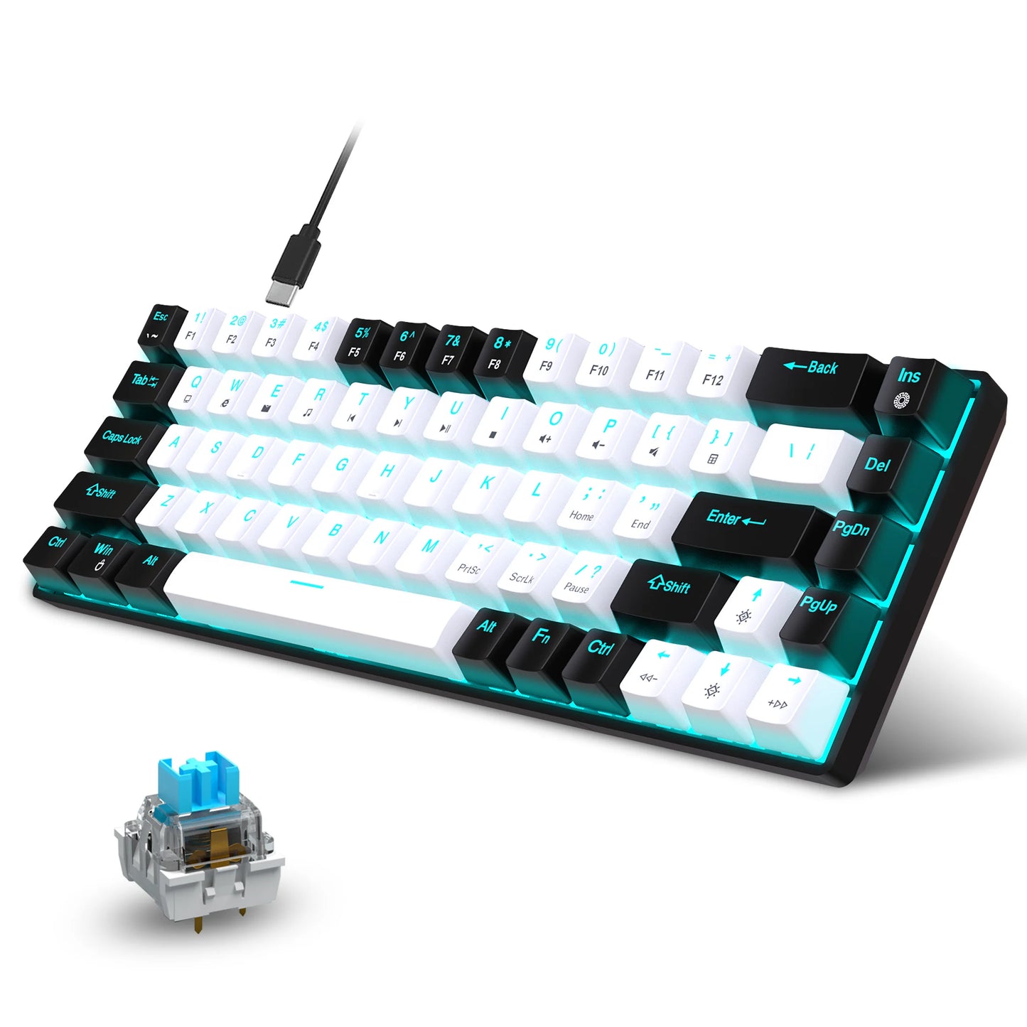 HXSJ V800 – 68‑Key Mechanical Keyboard with Ice‑Blue Backlight | Hot‑Swappable Blue Switch
